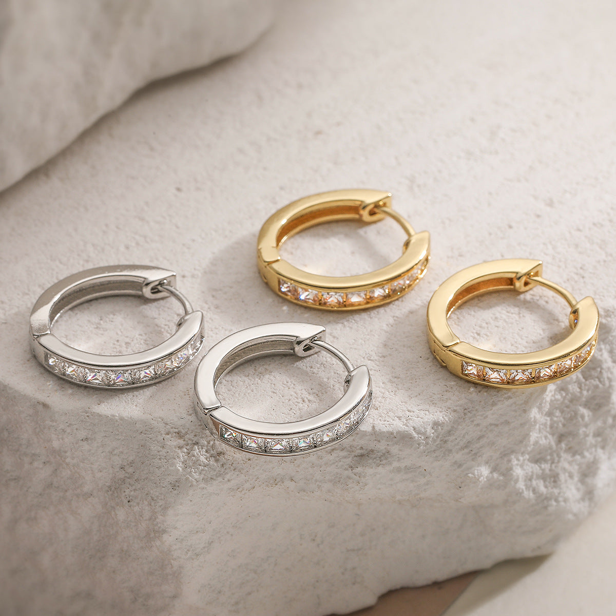 Minimalist Geometric Brass Plated Hoop Earrings with Cubic Zirconia for Women