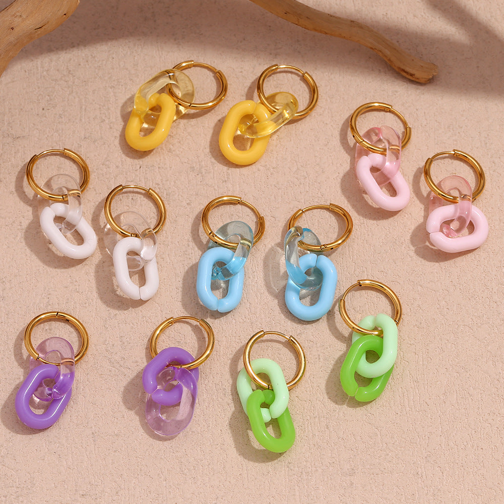 Pendientes de acero inoxidable geométricos de moda con baño de oro de 18 quilates y diseño de aro acrílico brillante para mujer