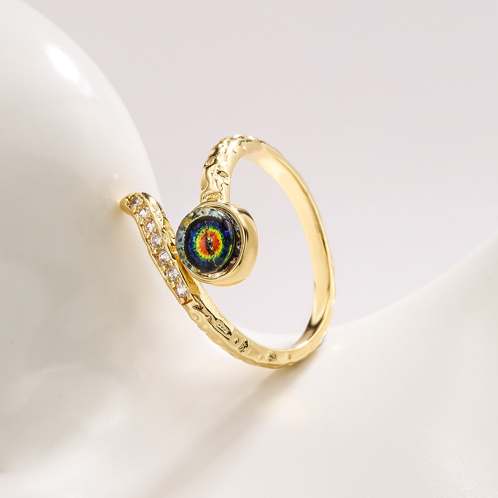 Anello aperto geometrico da donna con base in rame placcata in oro 18 carati e design a occhio turco con zirconi micro-incastonati