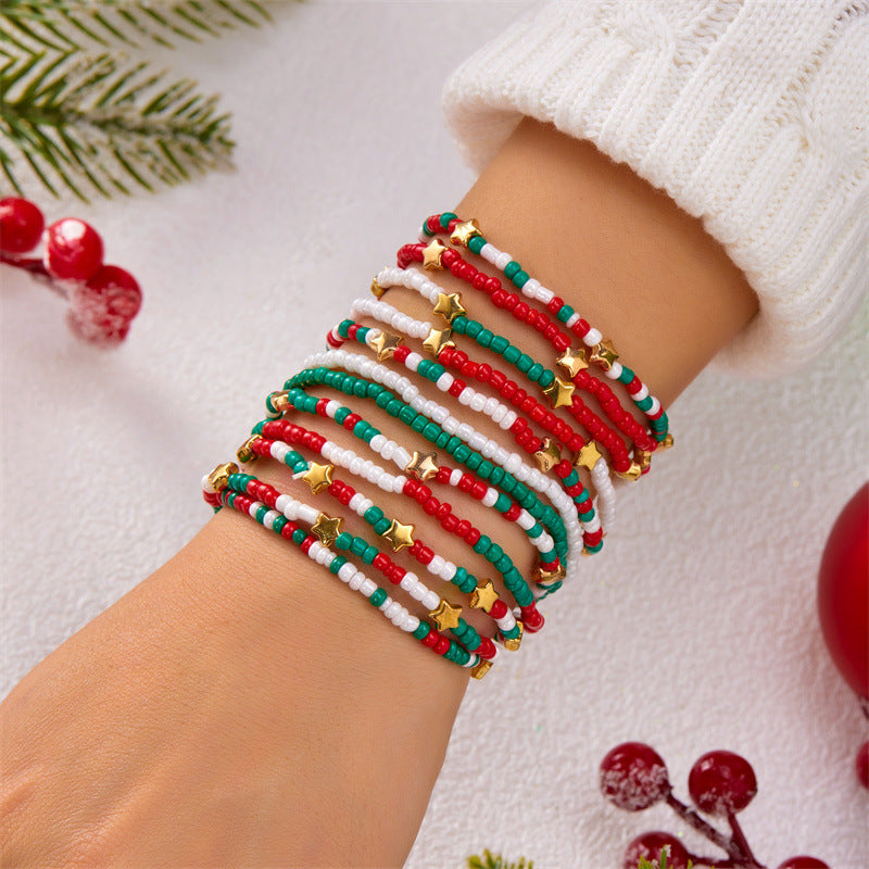 Handmade Christmas Style Beaded Bracelet Set with Alphabet Charms and Polymer Clay Beads in Alloy for Unisex Wear