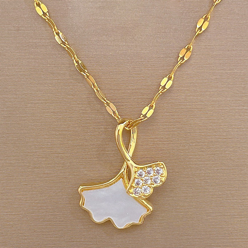Minimalist Ginkgo Leaf Pendant Necklace in Titanium Steel with Lips Chain for Women and Men