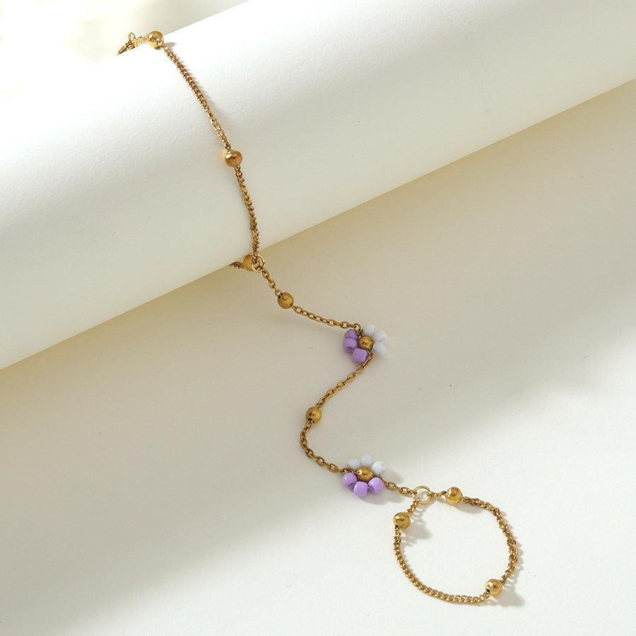 Elegante bracciale con anello a catena floreale geometrico minimalista in acciaio inossidabile placcato per donne