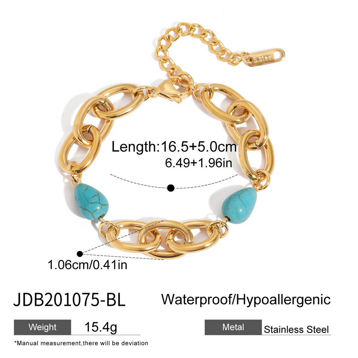 Pulsera geométrica de acero inoxidable chapado para mujer con detalles de turquesa, joyería de lujo minimalista
