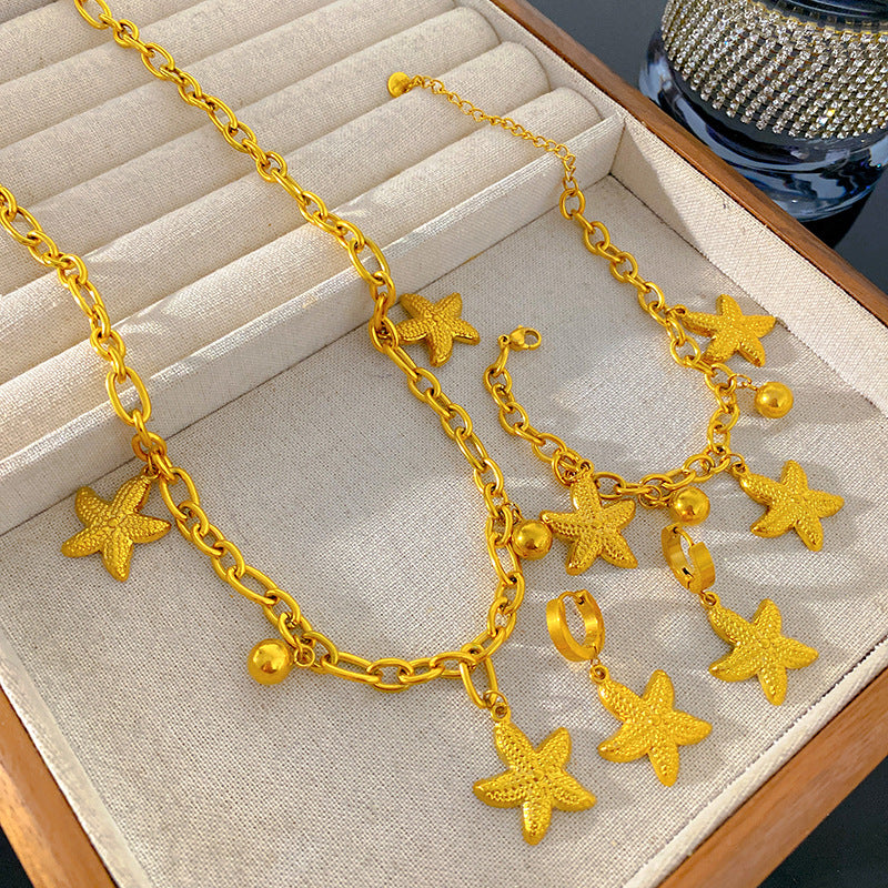 Sweet Streetwear Starfish Round Titanium Steel Plated Necklace Bracelet Earring Set with Cuban Link Chain