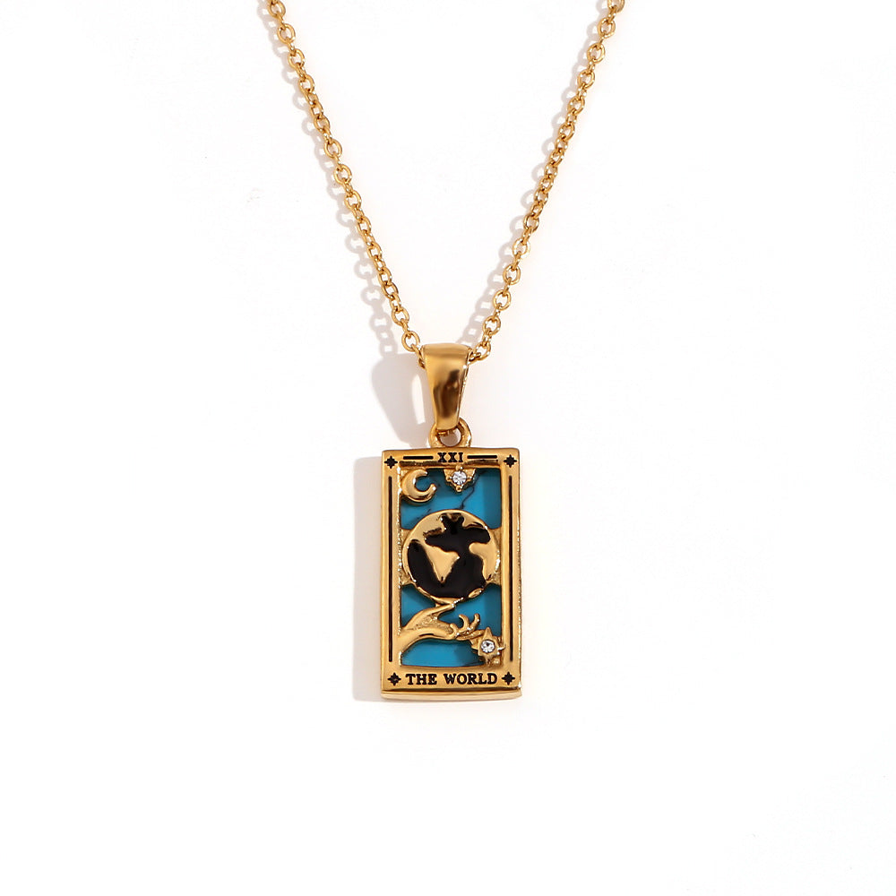 Vintage Tarot Card Pendant Necklace for Women Stainless Steel with 18K Gold Plating Geometric Four-Sided Design Fashion Office Style