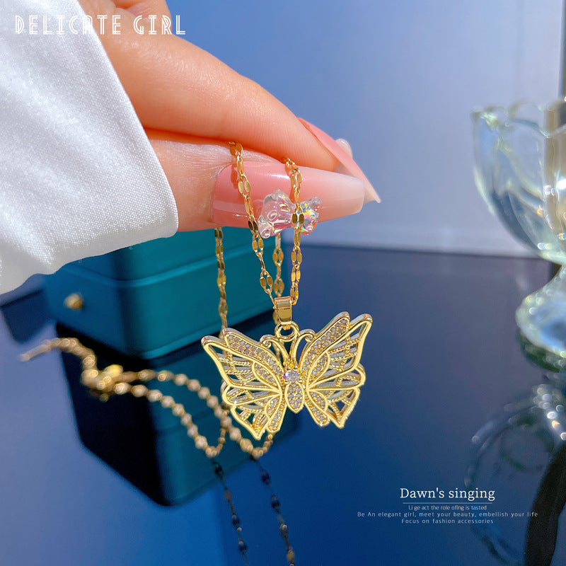 Handcrafted Titanium Steel Hollow Butterfly Pendant Necklace for Women with Micro Gold Inlay, Delicate Clavicle Chain Jewelry