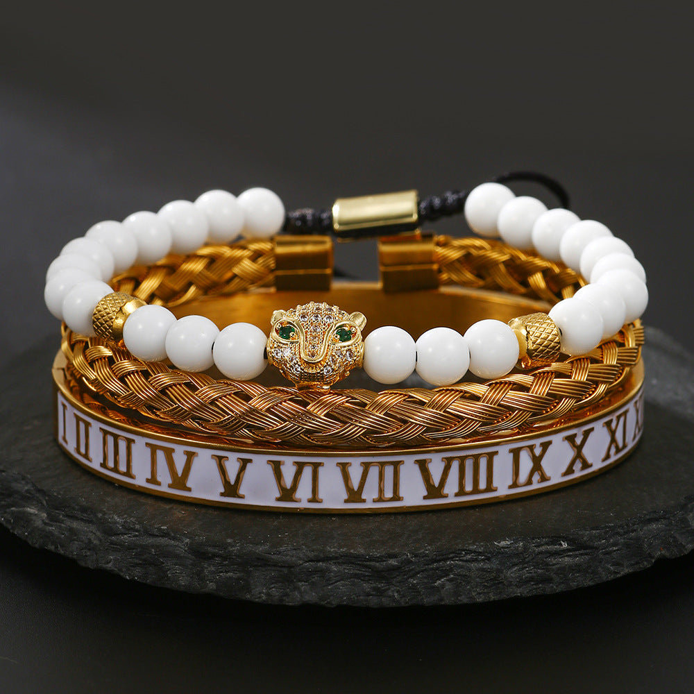 White Drip Oil Plated Stainless Steel Bracelet Set with Cubic Zirconia Skull, Leopard Head, Crown and Roman Numbers