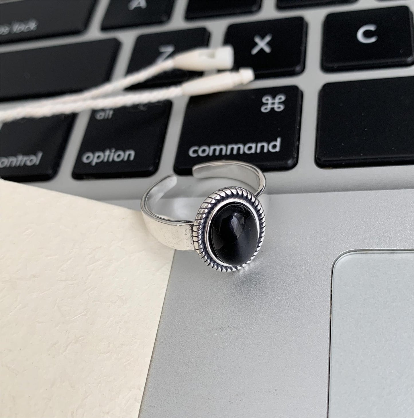 Anillo ajustable de plata de ley S925 con diseño geométrico de ágata negra y cuerda trenzada vintage para mujer