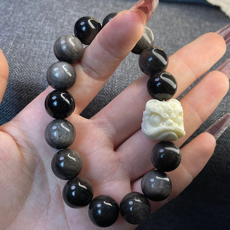 Braccialetto geometrico in ossidiana nera per donna e uomo, gioielli fatti a mano con perline elastiche per San Valentino e il Festival Qixi