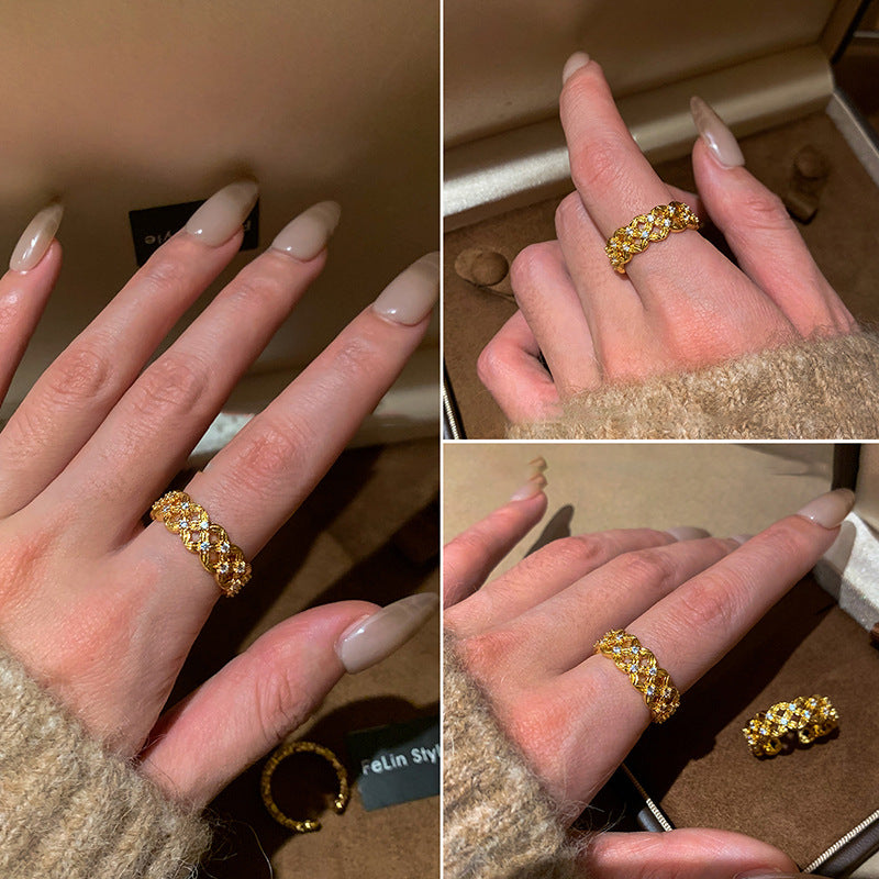 Anello Aperto Geometrico con Intarsio di Zirconi e Placcatura in Oro per Donne, Anello da Dito Minimalista Elegante di Ispirazione Francese