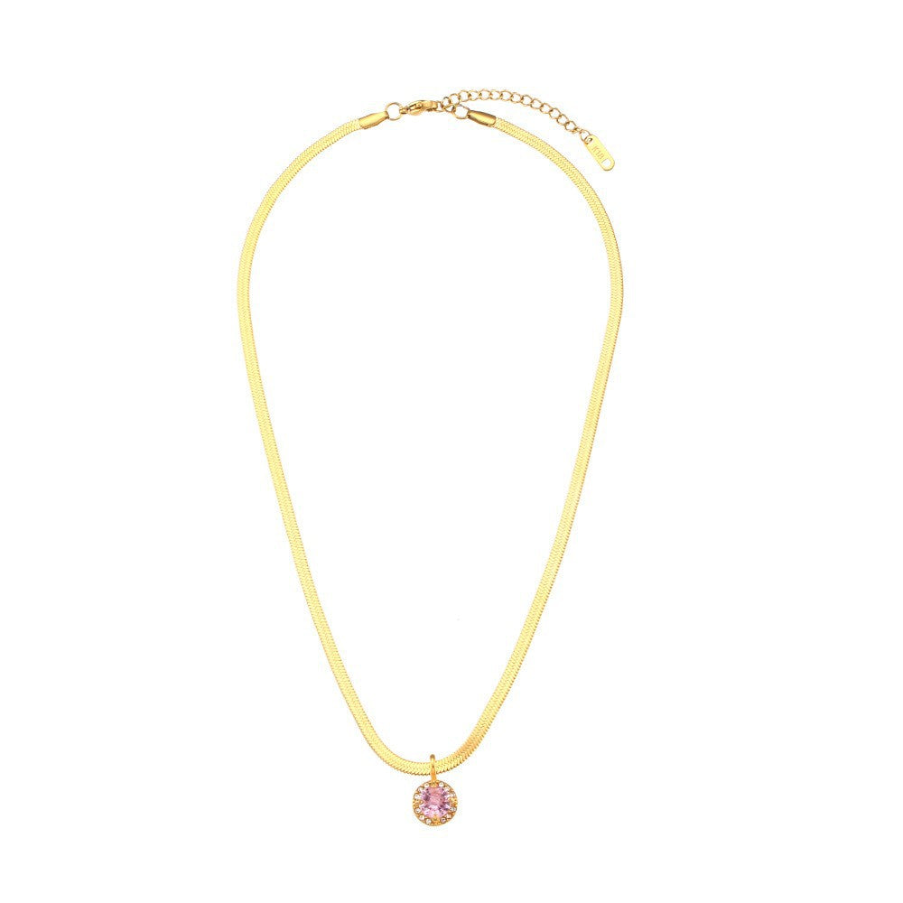 Elegant 18K Gold Plated Square Geometric Stainless Steel Snake Chain Necklace with Cubic Zirconia Titanium Steel Pendant for Women
