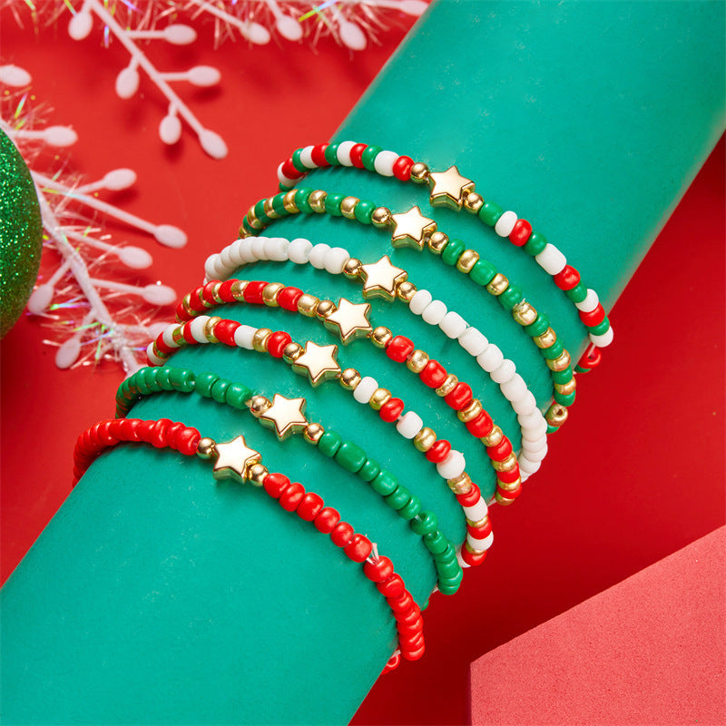 Casual Geometric Resin and Crystal Beaded Bracelet with Snowflake and Christmas Bell Charms for Women