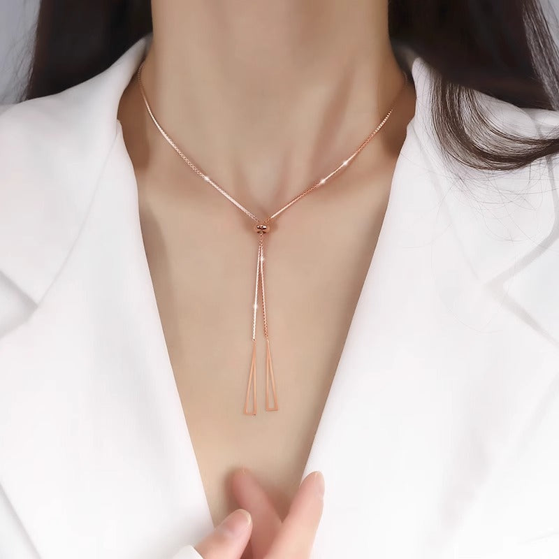 Geometric Triangle Pendant Titanium Steel Plated Long Sweater Chain with Tassel Detail for Women