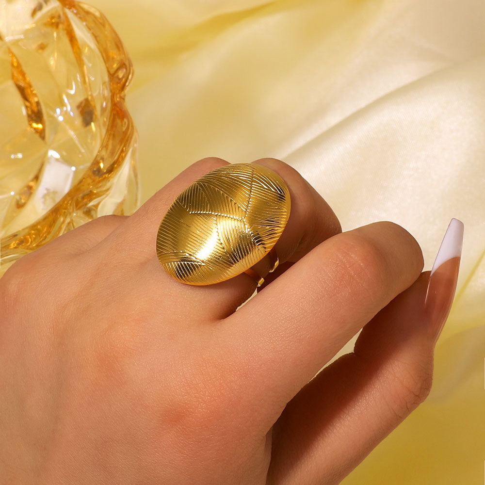 Minimalist Geometric Oval Stainless Steel Ring with Textured Surface and Open Adjustable Band