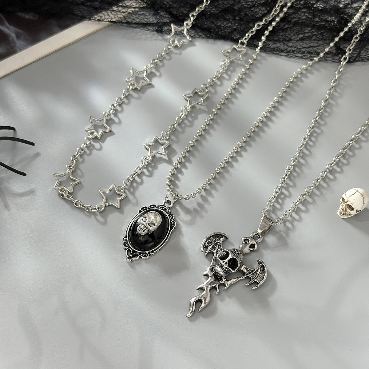 Punk Heart Wing Skull Alloy Pendant Plated Brass Necklace Curb Chain Women