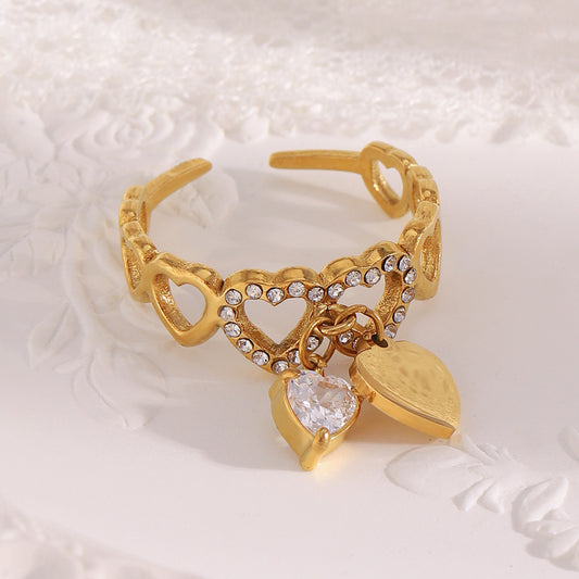 Anello Aperto da Donna alla Moda in Stile Vintage Geometrico in Acciaio Inossidabile Placcato Oro 18K con Nappa a Cuore