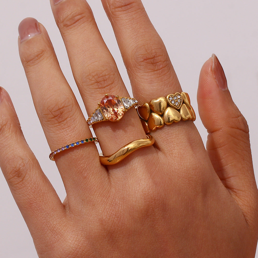 Anello minimalista geometrico in acciaio inossidabile placcato oro 18K con zirconi ovali da donna