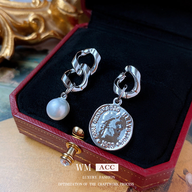 Chic Asymmetrical Metal Portrait Pearl Earrings with Geometric Shape Electroplated Steel Posts for Women