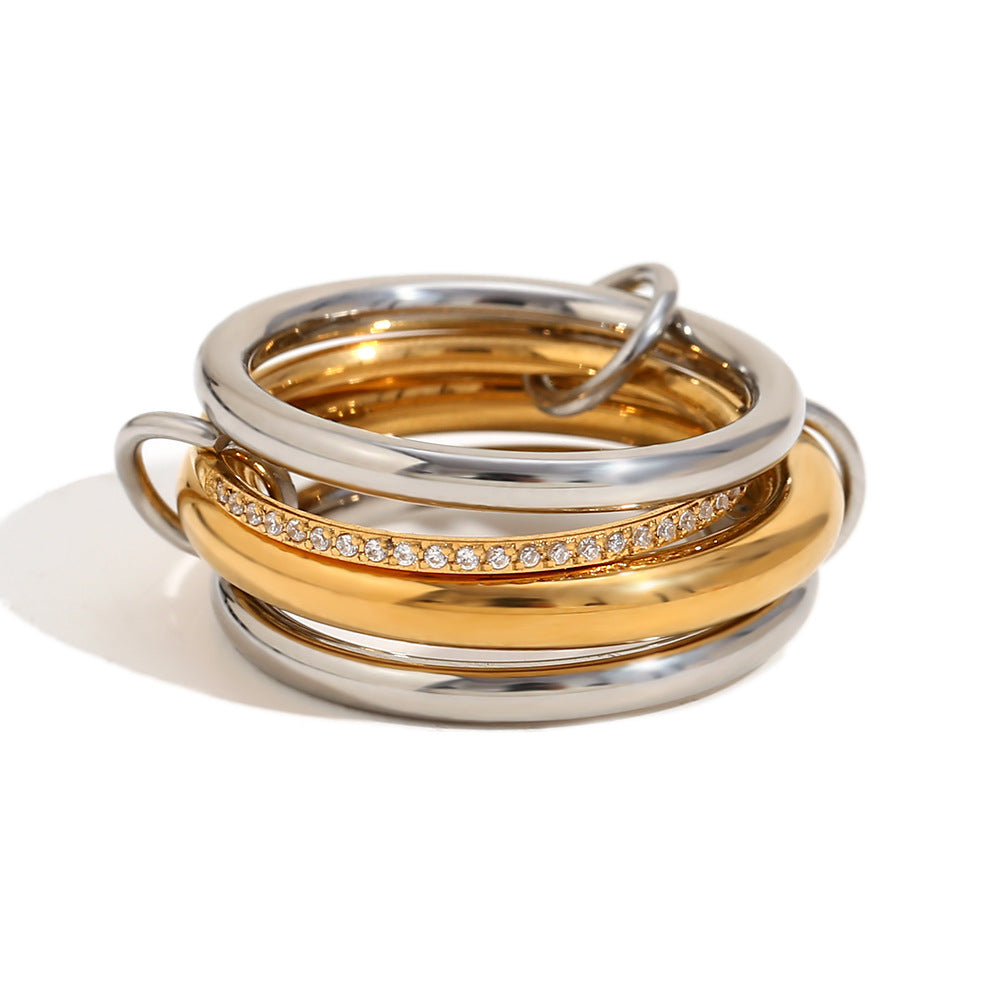Anello in acciaio inossidabile geometrico creativo con placcatura in oro 18 carati e strass centrale da donna