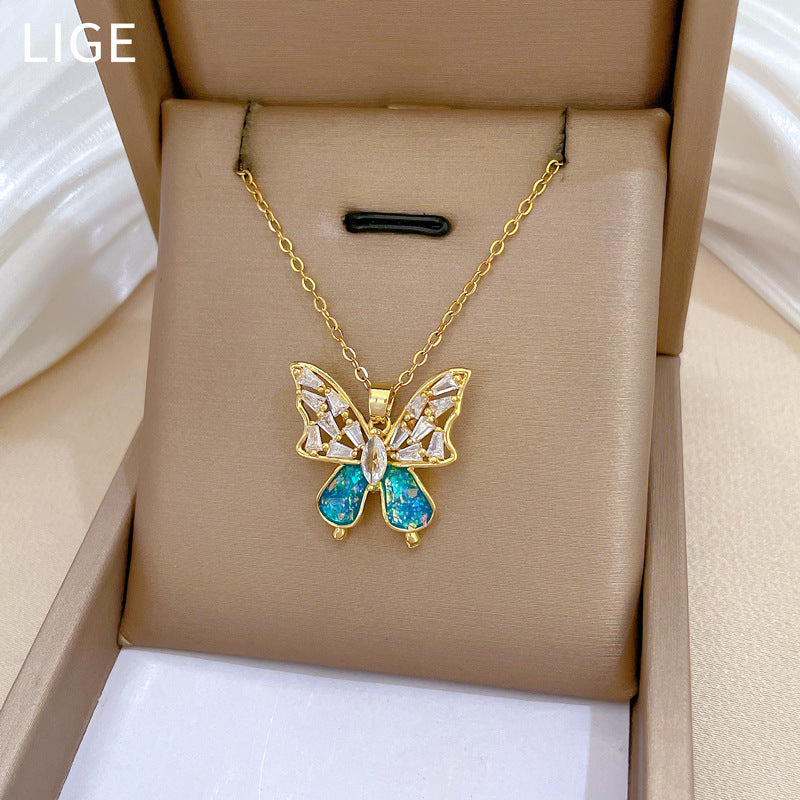 Minimalist Blue Bow Titanium Steel Necklace and Earrings Set with Rhinestone Inlay for Women