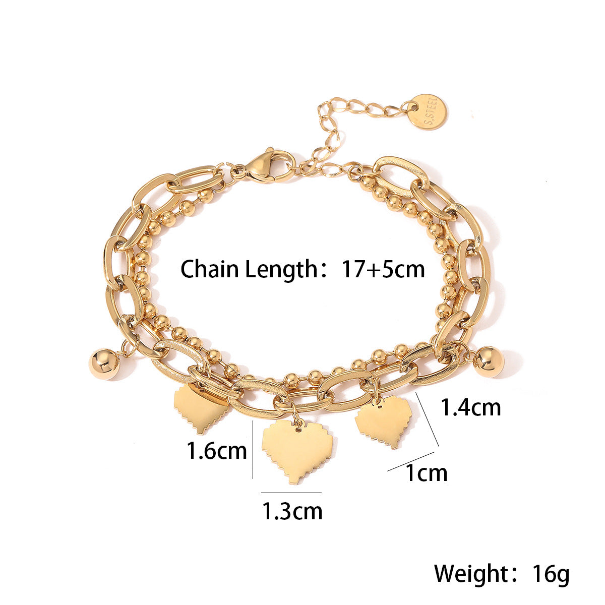 Bracciale da donna a doppio strato in acciaio inossidabile placcato oro 18 carati a forma di cuore, elegante e minimalista