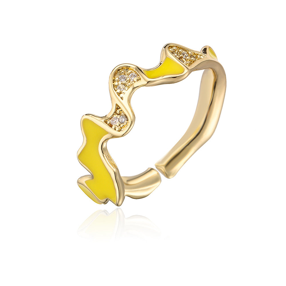 INS Style Irregular Geometric Open Ring for Women Made of Copper with 18K Gold Plating and Enamel-Set Zirconia