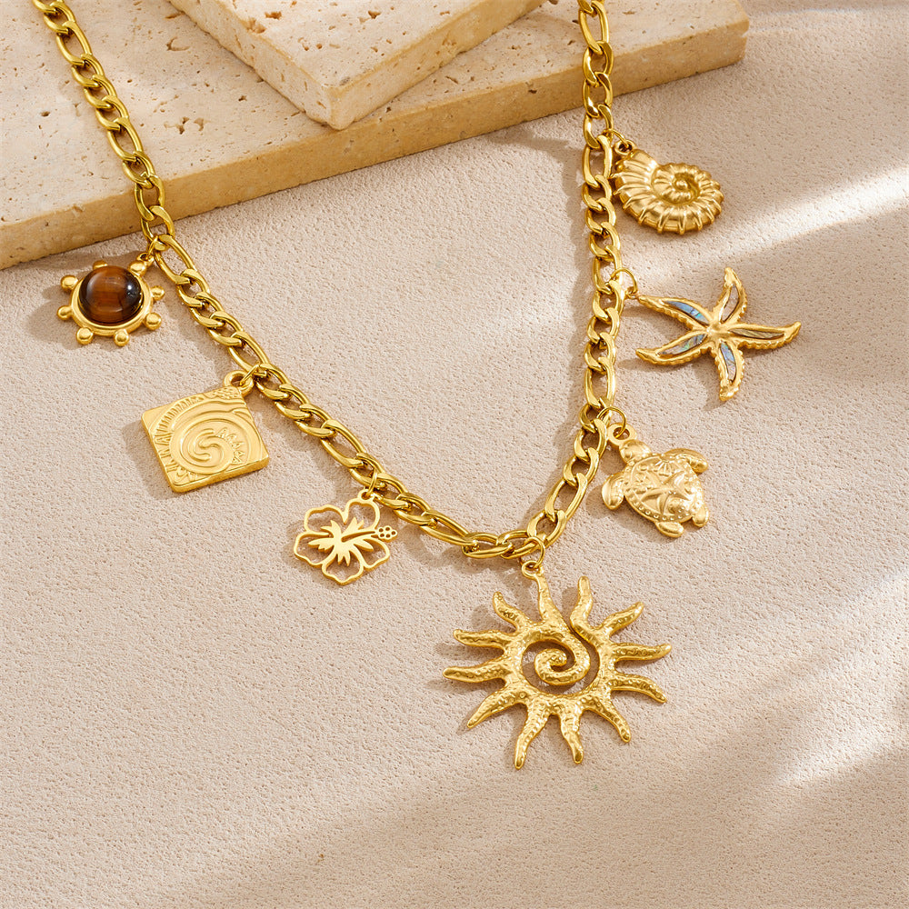 Chic Minimalist Hollow Floral Starfish Turtle Tiger's Eye Plated Stainless Steel Necklace for Women
