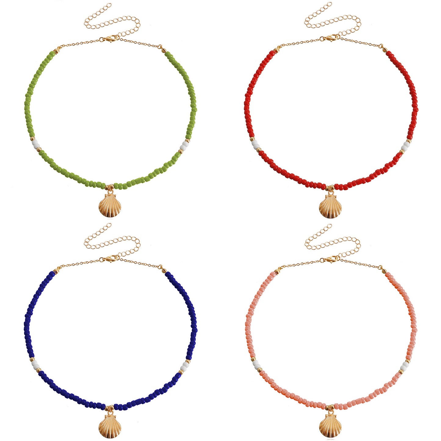 Bohemian Style Large Beaded Necklace with Shell Pendant for Women, Alloy Chain with Plated Finish, Geometric Design Collar Necklace