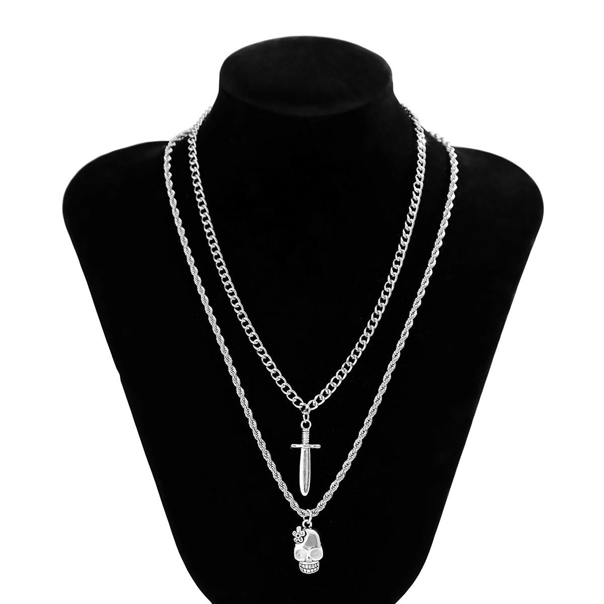 Collar Minimalista Geométrico con Colgante para Mujer con Daga y Calavera, Cadena de Aleación de Doble Capa con Acabado Chapado