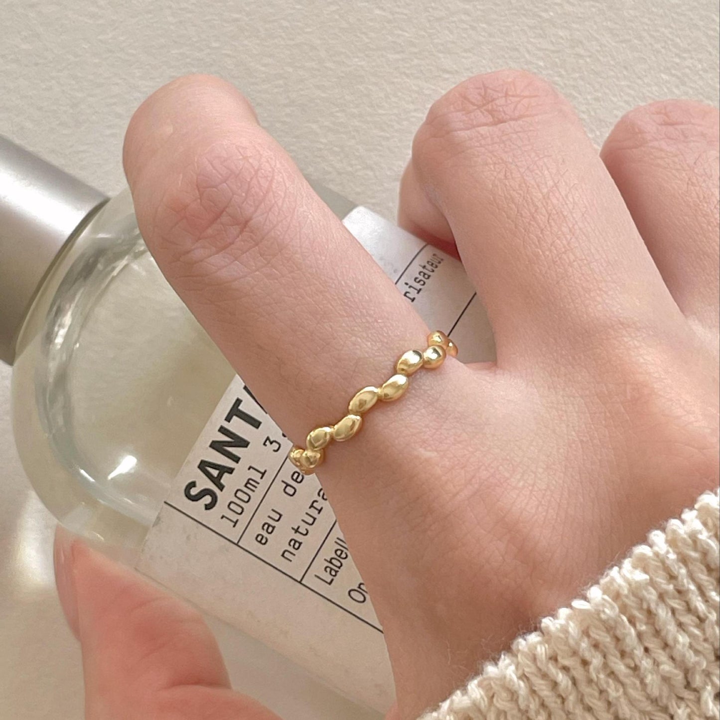 Anillo Abierto Minimalista de Plata de Ley 925 con Cuentas Ovaladas Geométricas para Mujer
