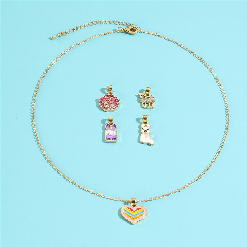 Cartoon Unicorn Pendant Necklace Set for Girls with Ice Cream Cake and Rainbow Design, Enamel Alloy Choker Chain for Kids Ages 3-10