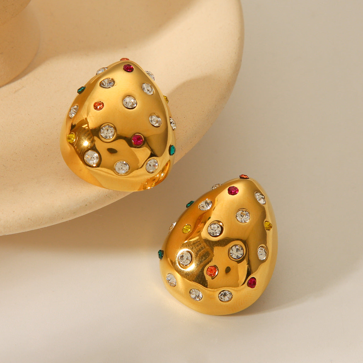 Fashionable 18K Gold Plated Water Drop Stainless Steel Earrings for Women with Rhinestone Inlay