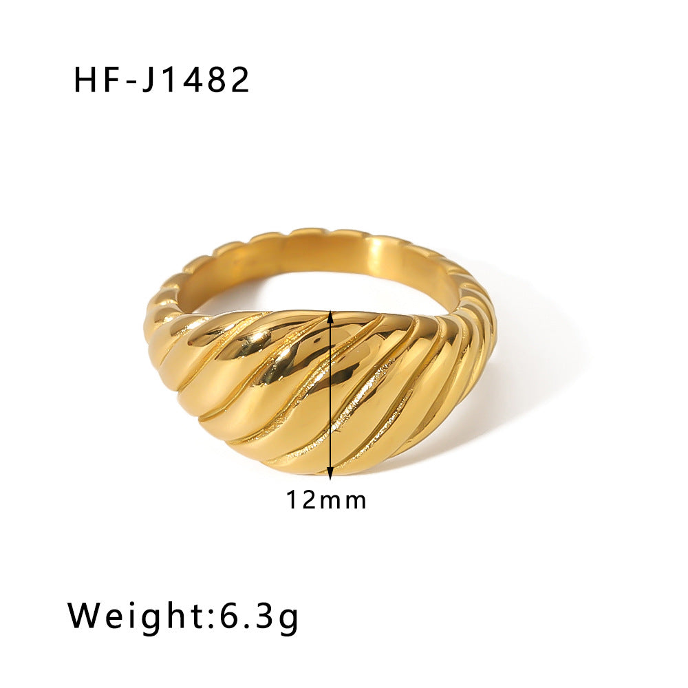 Retro Geometric Wrinkled Stainless Steel Ring with 18K Gold Plating for Women