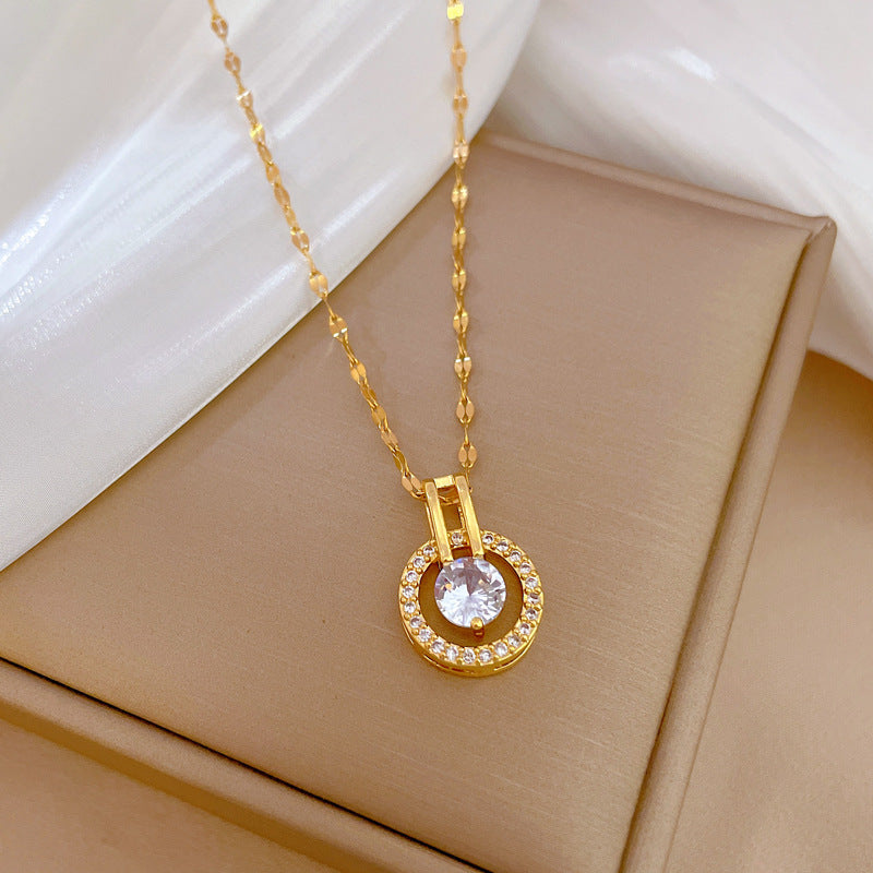 Collana con ciondolo a cerchio in titanio e strass di lusso per clavicola, gioielli geometrici delicati ispirati al vintage