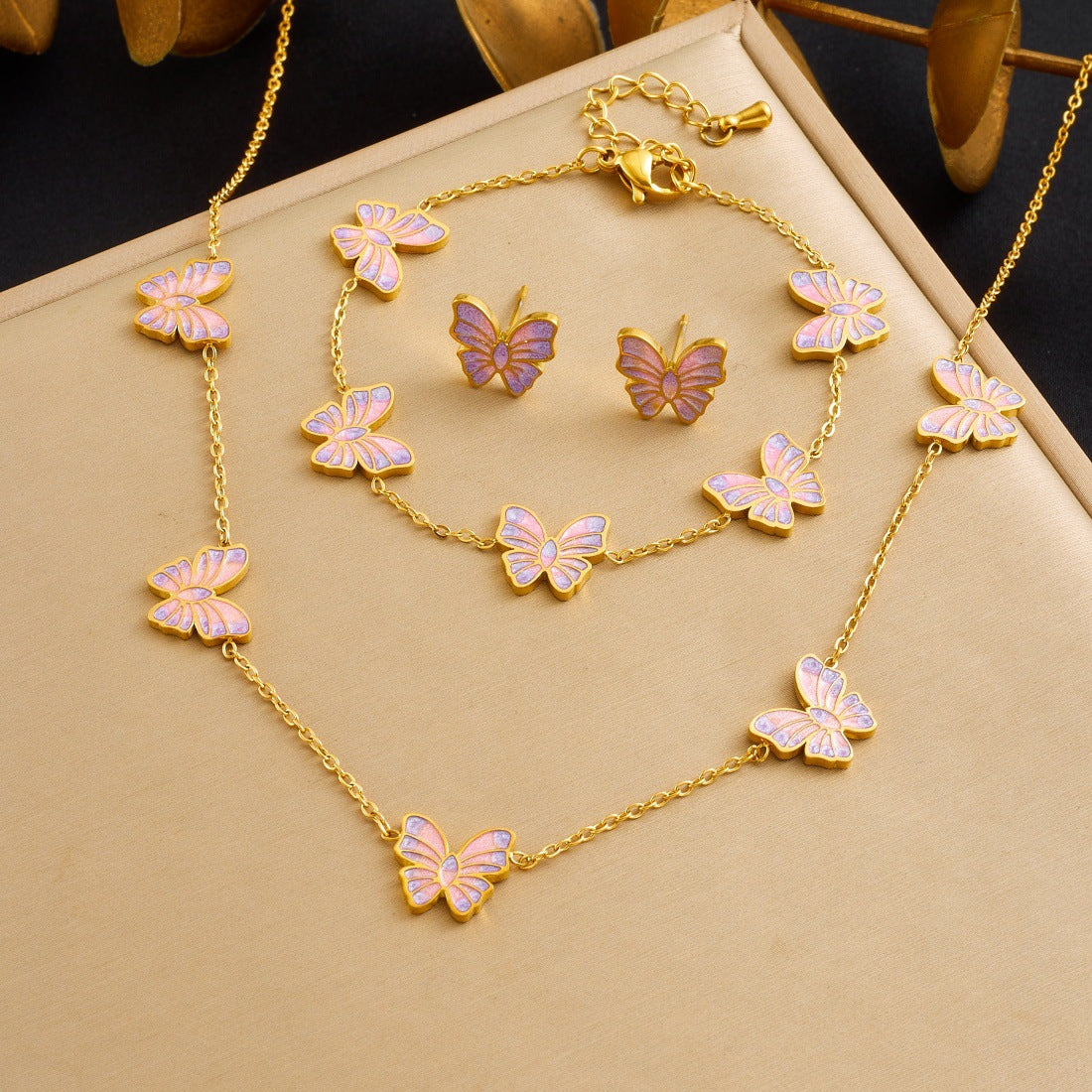 Pink Purple Gradient Drip Oil Butterfly Plated Stainless Steel Jewelry Set for Women