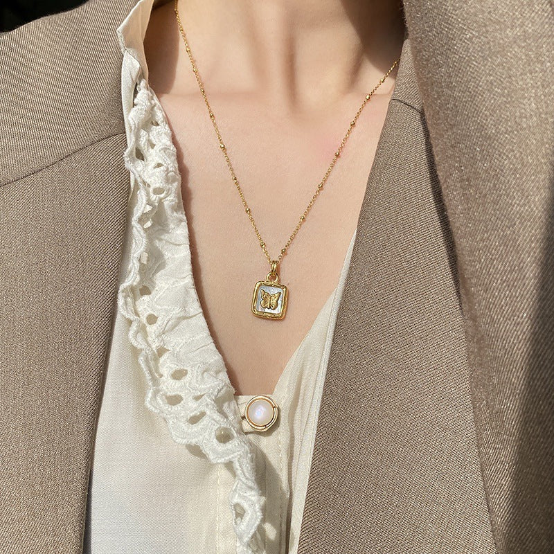 Elegant Butterfly Pendant Necklace for Women in Titanium Steel with Mother-of-Pearl Inlay, Plated Finish, O-Chain, Minimalist and Unique Style