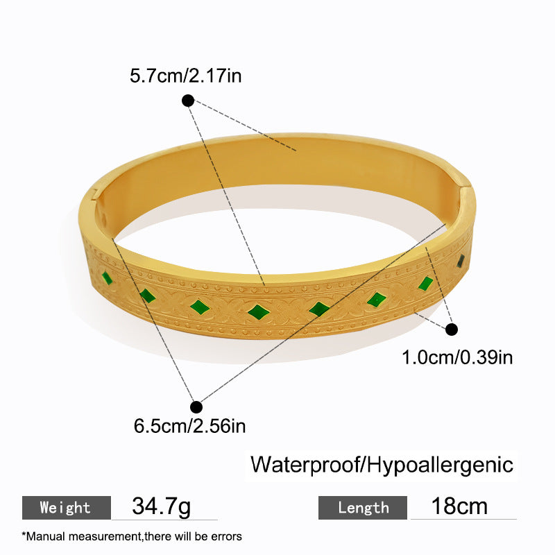 Vintage Geometric Green Cubic Zirconia Inlay Titanium Steel Cuff Bracelet