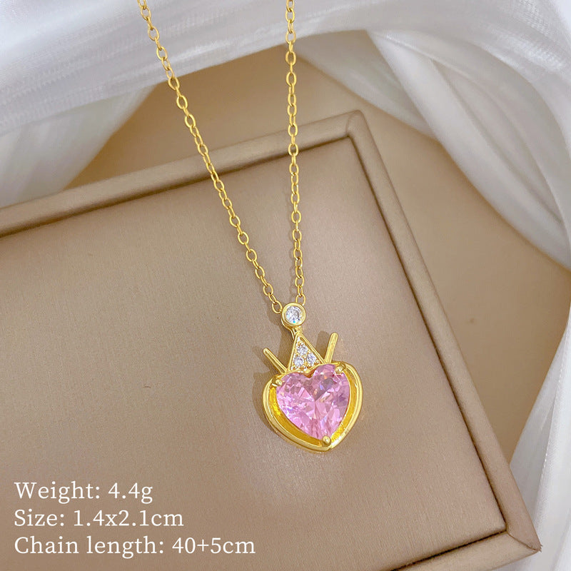 Ciondolo a Cuore in Stile Cartone Animato in Rame con Intarsio di Strass su Collana a Catena a "O" Placcata in Acciaio al Titanio per Donna e Uomo