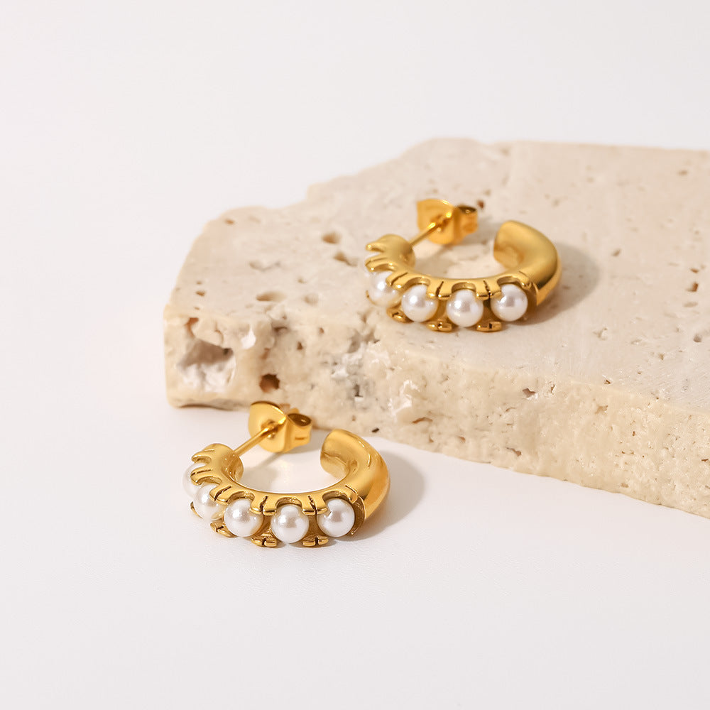 INS-Inspired Geometric Titanium Steel Earrings with 18K Gold Plating and Pearl Inlay for Women