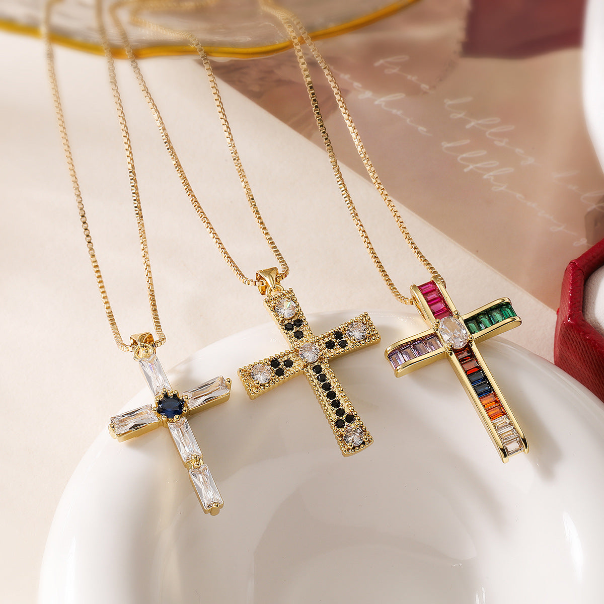 Minimalist Geometric Cross Pendant Necklace for Women with Copper Base Plated in 18K Gold and Zircon Inlay