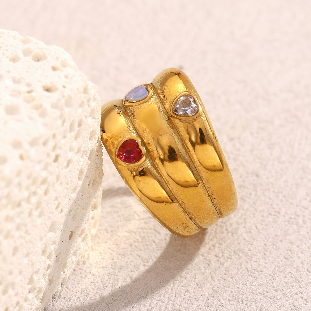 Anello Geometrico Minimalista da Donna in Acciaio Inossidabile con Placcatura in Oro 18K e Tre Zirconi
