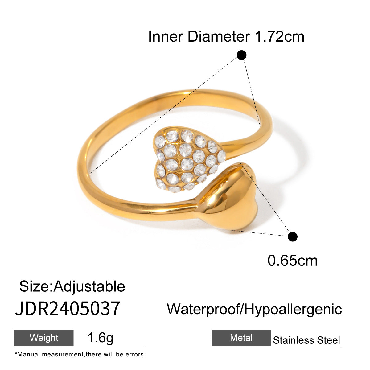 18K Gold Plated Geometric Stainless Steel Diamond Inlay Ring for Unisex