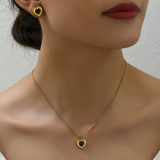 Minimalist Heart-Shaped Copper Necklace and Earrings Set with Rhinestone Inlay for Women