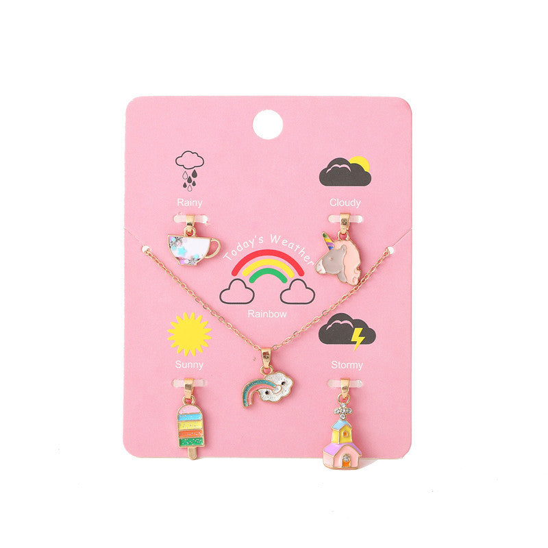 Sweet Cartoon Animal Drip Oil Alloy Charm Bar Necklace with Curb Chain for Kids
