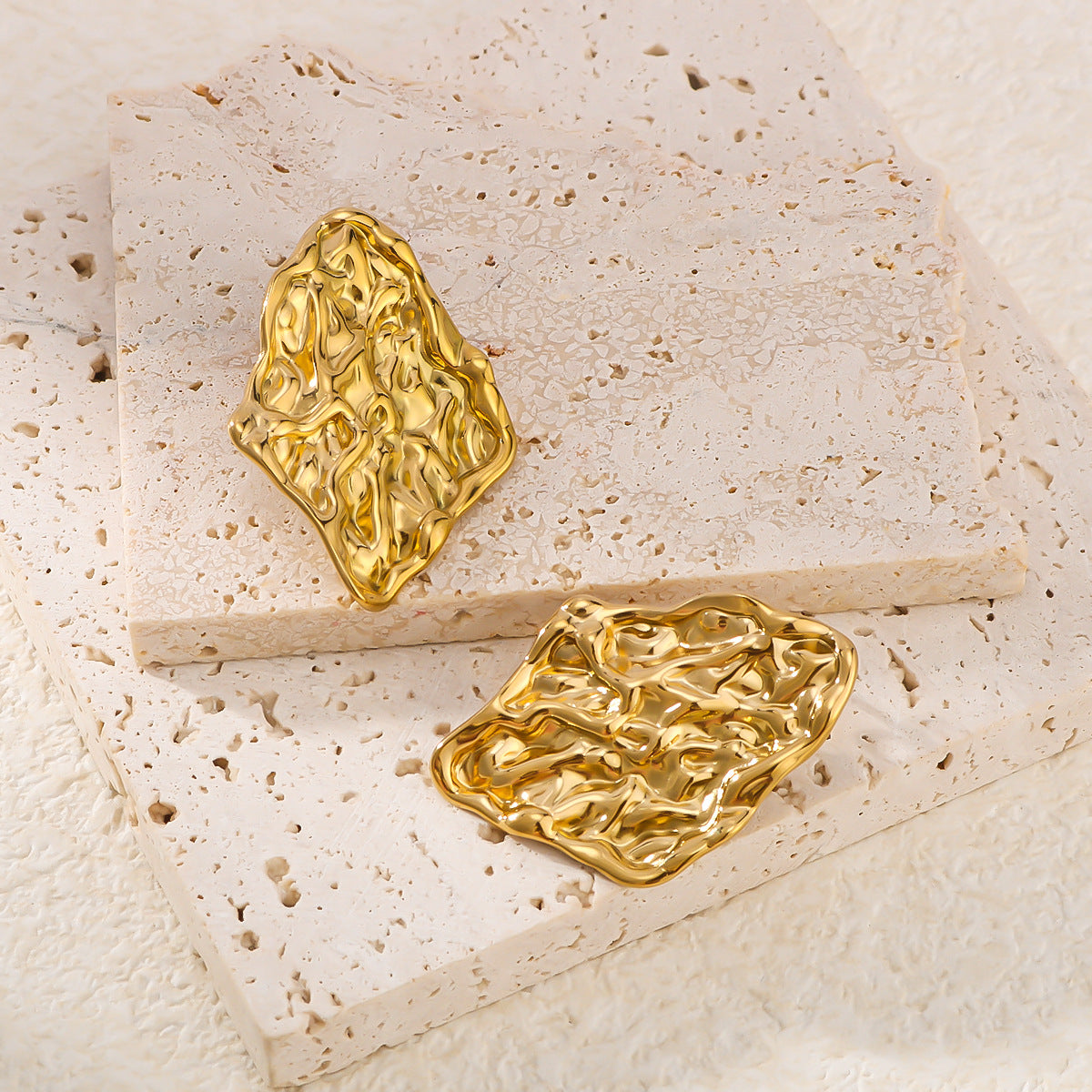 Irregular Geometric Diamond-Shaped Stainless Steel Earrings with 18K Gold Vacuum Plating and Wavy Texture for Women