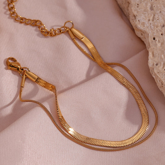 Minimalist Geometric Stainless Steel Gold-Plated Double-Layer Snake Chain and Blade Chain Bracelet for Women