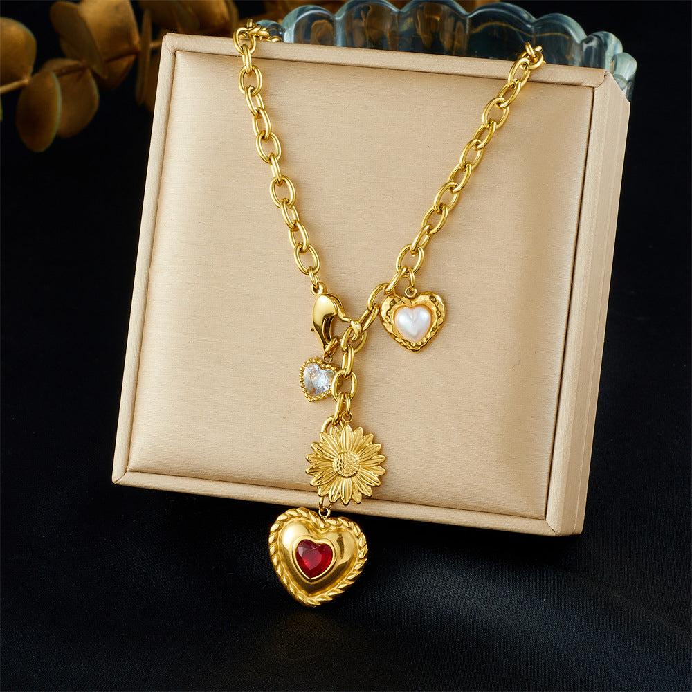 Vintage Gold Plated Stainless Steel Heart Sunflower Rhinestone Pendant Necklace with Tassel