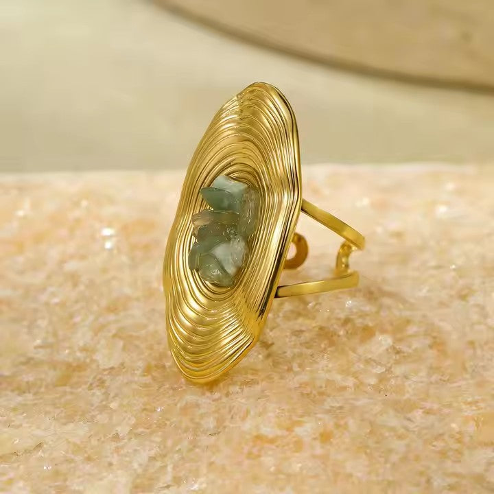 Anillo minimalista de acero inoxidable con forma ovalada e incrustaciones de piedra natural para mujer, joyería de lujo