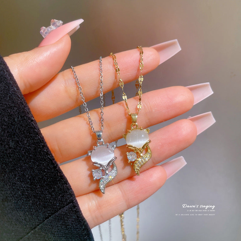 Luxury Geometric Fox Cat's Eye Pendant Necklace for Women Titanium Steel Collar Chain with Rhinestone Inlay