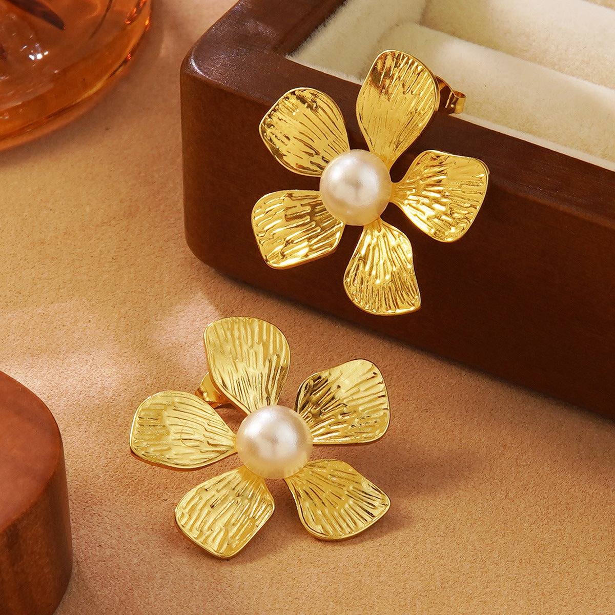 Sweet Floral Stainless Steel Earrings with White Pearl Inlay for Women